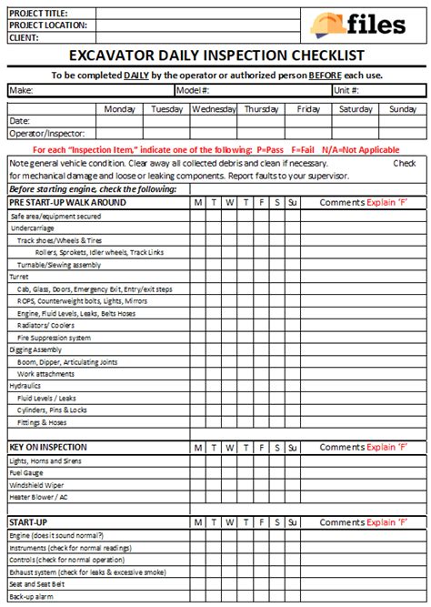 excavator maintenance checklist template